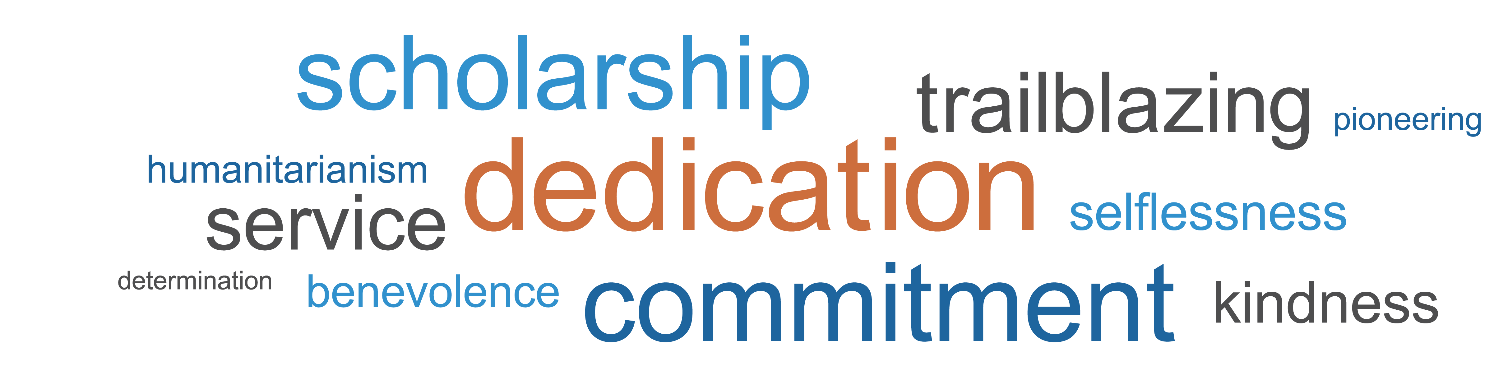 Leadership traits - dedication, commitment, scholarship, trailblazing, service, kindness, selflessness, humanitarianism, benevolence, pioneering, determination