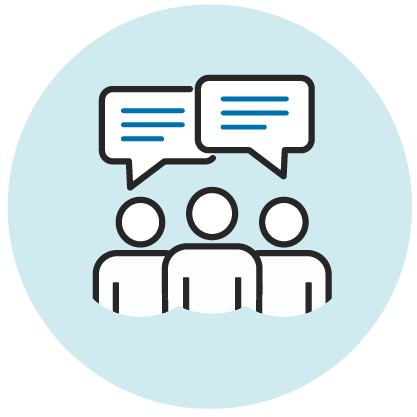 Icon illustrating three people with speech bubbles over their heads, collaborating