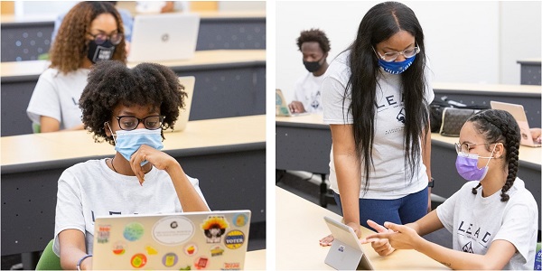 Students in the LEAD program at a Saturday practice test session. Pictured at right (standing) is De'Jonique Carter, prelaw advisor at Dillard University.