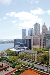 Aerial view of Chicago skyscrapers in daylight.