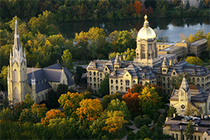 Overhead view of university campus. Ornate yellow buildings with gray roofs are nestled among deciduous trees. A body of water sprawls behind the campus.