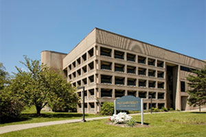 A large, rectangular building striped with rows of recessed windows stands next to green trees, in front of a clear blue sky.