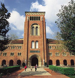 Four students walk up a concrete path lined with bricks and evergreen shrubberies. Two bicycles are parked by the shrubs. The path leads to the law school—a brick building with arched windows and an entryway that cuts into the cloudy blue sky.