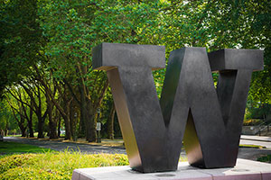 A large, stone 'W' is set along a path. A row of deciduous trees line the path in the background.