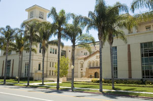 Two rows of tall palm trees stand between Kennedy Hall--a large, off-white building--and the road. A sidewalk cuts through the trees.