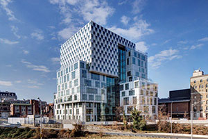 Law school exterior. Large, multidimensional building with many windows.
