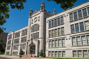 School of Law exterior—a broad, stone building with windows grouped in sets of five. Two small pinetrees flank the entrance. Deciduous branches frame the top left of the photo.