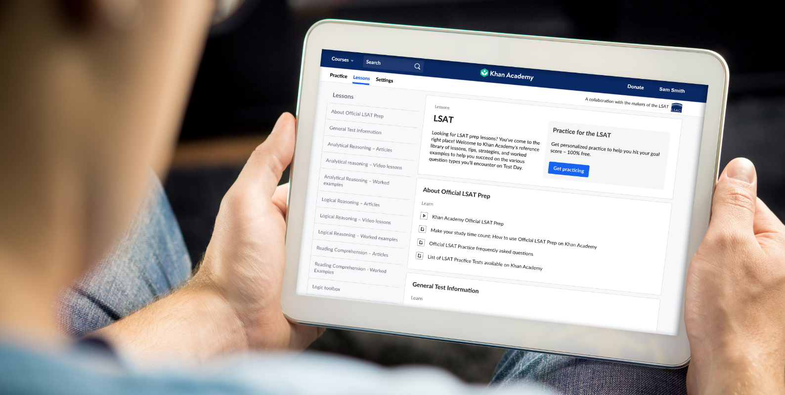 Khan Academy LSAT Lessons displayed on a tablet