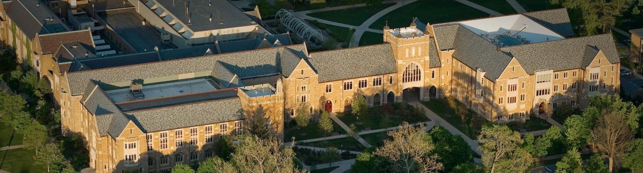 Aerial view of the Notre Dame Law School building