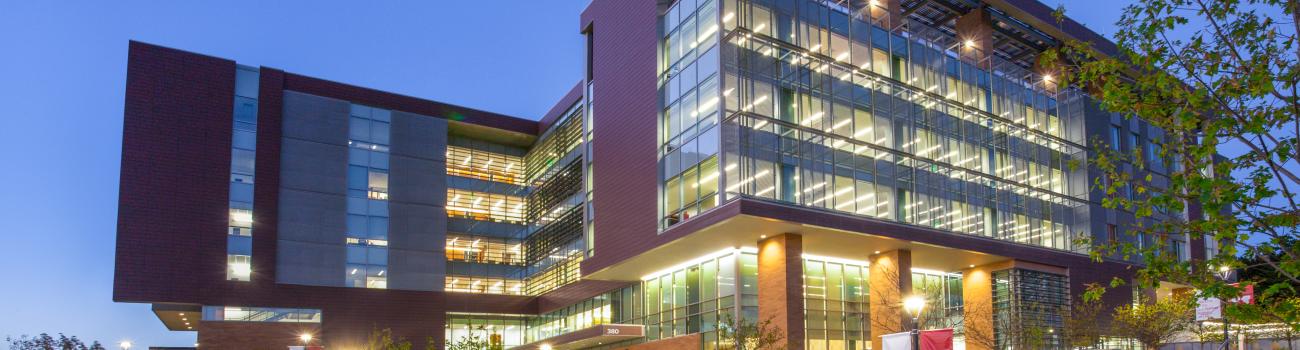 Exterior of the Utah Law building at twilight