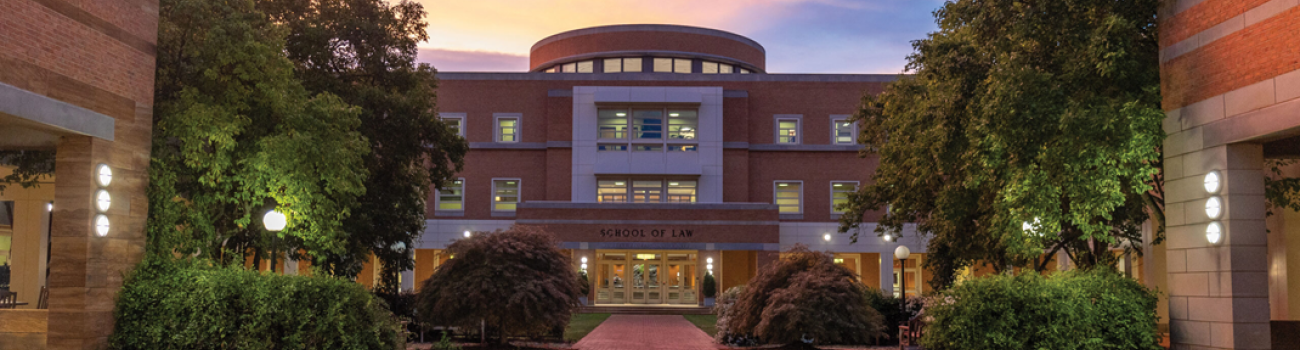 Front of Worrell Professional Center, the main building of the School of Law