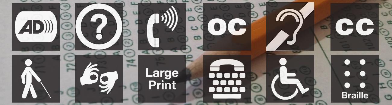 Accessibility icons layered over test sheet with pencil
