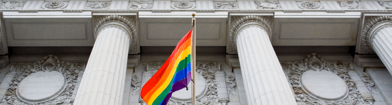 Rainbow flag in front of building with columns.