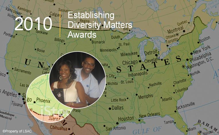 A representative from the winning law school is pictured over a map of the United States. The city of Phoenix, Arizona, is highlighted. Image copyright LSAC.