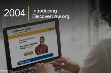 A person accesses the DiscoverLaw.org homepage. The text displayed on the screen reads, "Sure, I'm thinking about law school. But which field of law is right for me? Take Quiz. Why Join?" Image copyright LSAC.