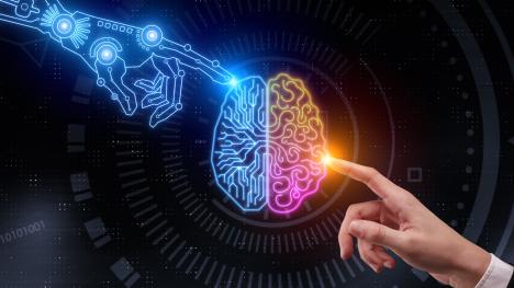 Representation of human and AI fingers touching brain