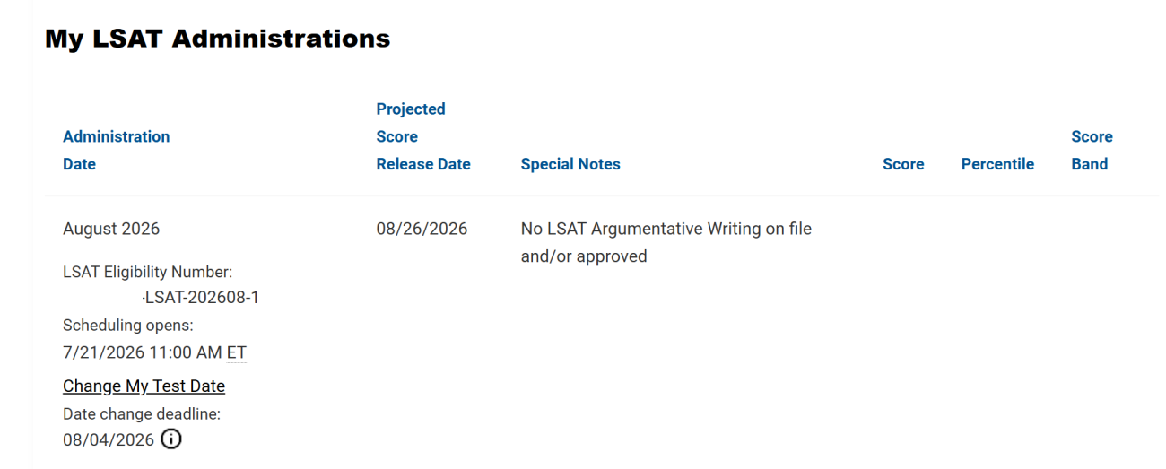 Image of LSAT Status page on JD Services
