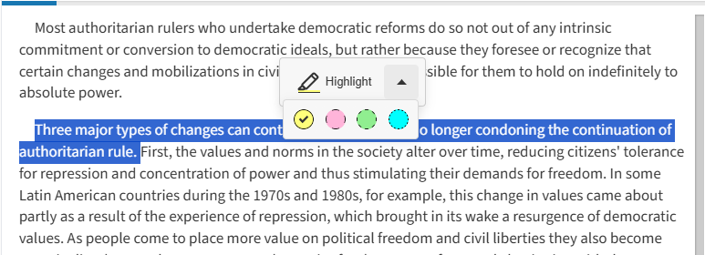 Screengrab showing text selected and highlighting options pop-up