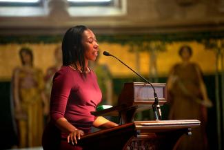 Angela Winfield speaking at Cornell University.