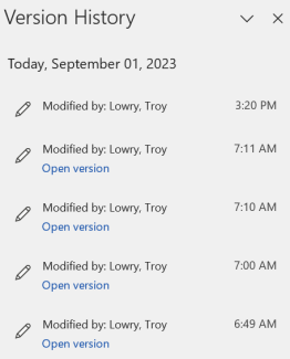 Screenshot showing "Version History" pane with details of modifications to the document and who modified.
