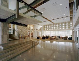 Interior of modern campus building with lounge area