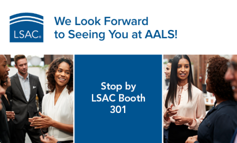 A banner with text inviting people to stop by LSAC Booth 301 flanked by images of professionals networking. 