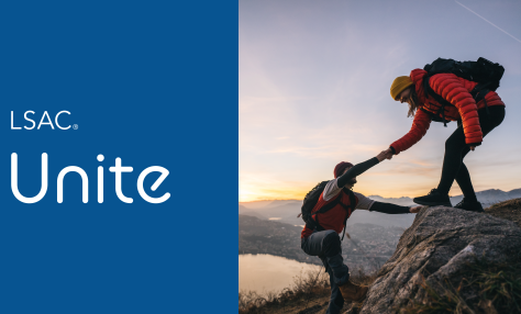 Image says "LSAC Unite" with a photo of two people climbing a mountain and helping each other up
