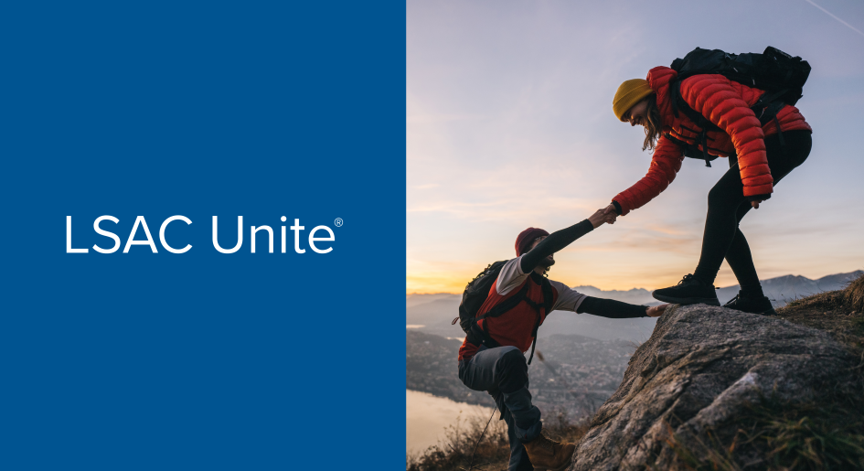 The image says "LSAC Unite" and shows people climbing a mountain