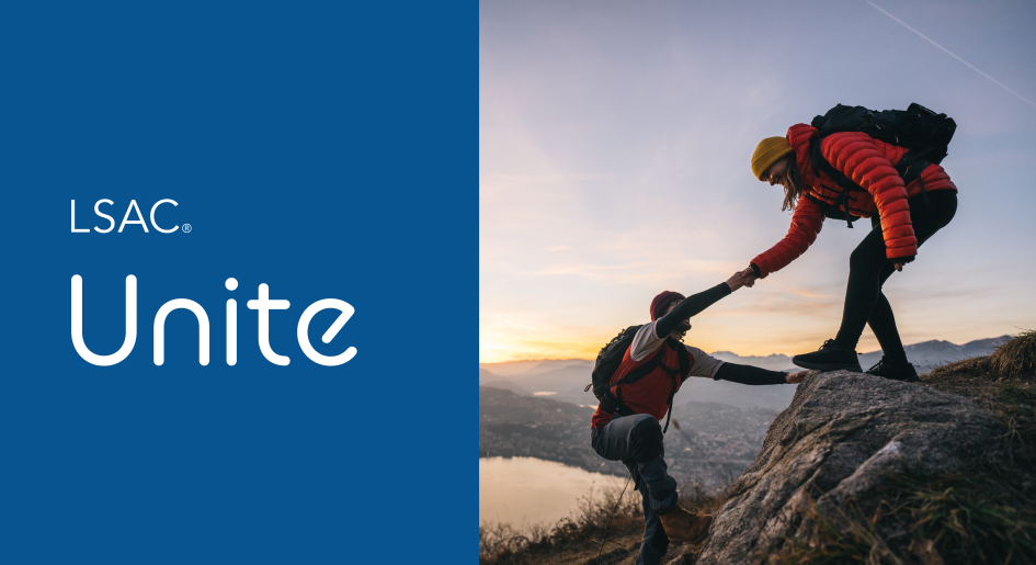 Image says "LSAC Unite" with a photo of two people climbing a mountain and helping each other up
