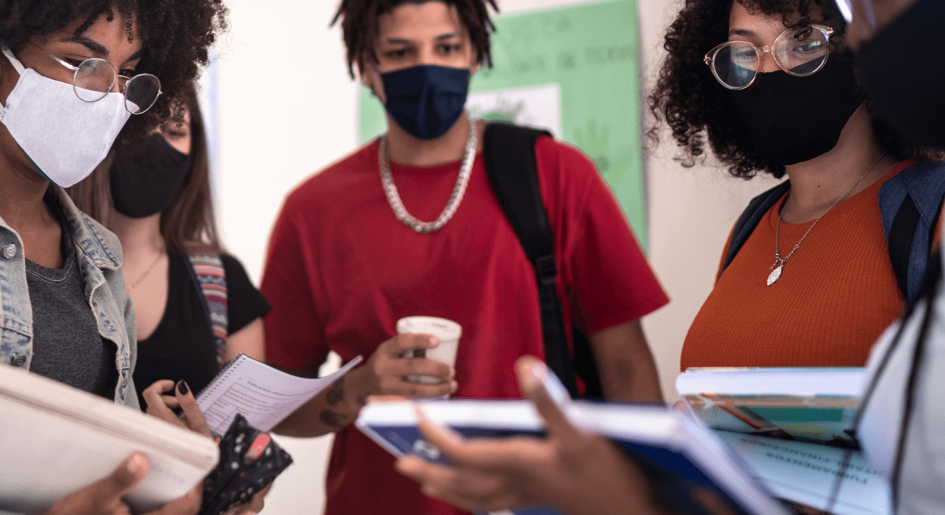 Law students gathered wearing PPE.