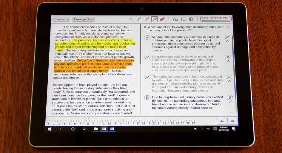 The Digital LSAT on the Microsoft Surface Go offers many features such as a timer, highlighting, and flagging to keep track of questions to revisit in a section. 