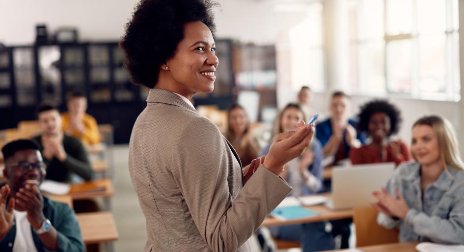 Professor instructing law students in classroom