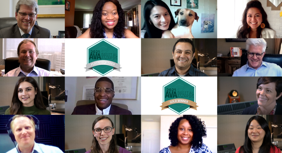 Grid of video conferencing screens with diverse people and AVA Award logos
