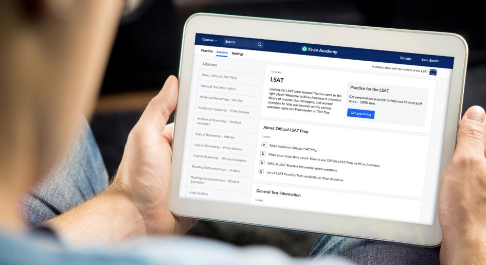 Khan Academy LSAT Lessons displayed on a tablet