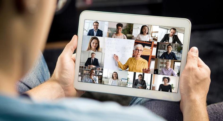 Person attending digital forum on tablet