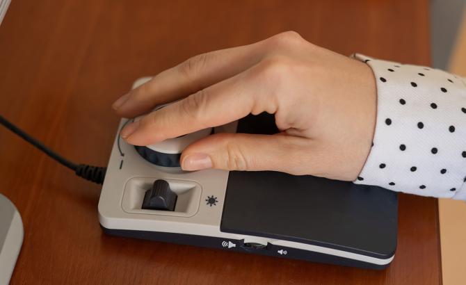 person using a magnification device at their computer