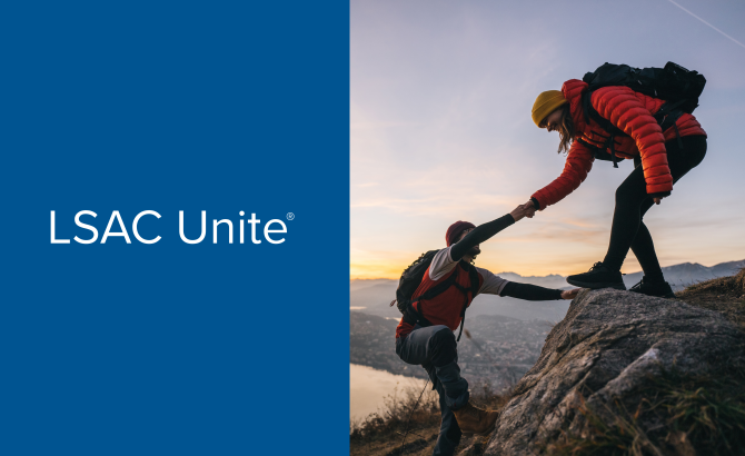 The image says "LSAC Unite" and shows people climbing a mountain