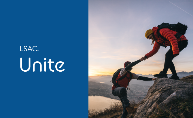 Image says "LSAC Unite" with a photo of two people climbing a mountain and helping each other up