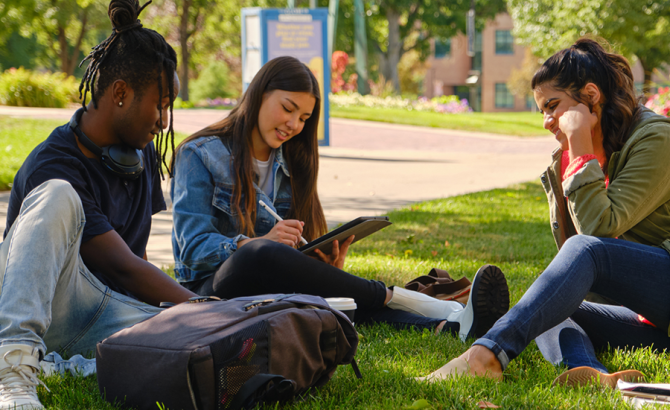 A group of students sits on the grass and studies together