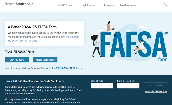 Screencap of FAFSA website homepage