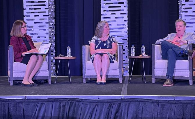 (Left to Right) Speakers Susan Krinsky, LSAC executive vice president for Operations; JoAnn Sabol, director of School Services & Product Development; and Troy Lowry, chief information officer and senior vice president of Technology Products; welcomed law school admissions professionals from throughout the U.S. and introduced the key features of this platform that will streamline law school office processes and enable more robust marketing capabilities.