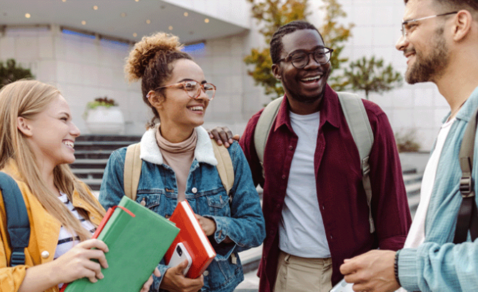 A group of law students talks together