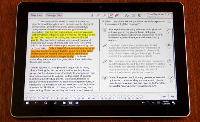 The Digital LSAT on the Microsoft Surface Go offers many features such as a timer, highlighting, and flagging to keep track of questions to revisit in a section. 