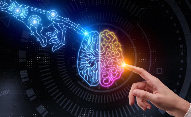 Representation of human and AI fingers touching brain