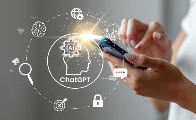 Person using mobile device with ChatGPT icon graphic overlay