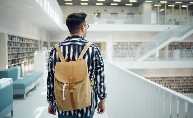 Law student with backpack.