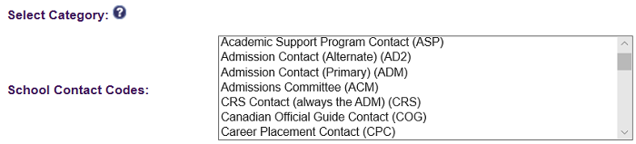 Preview image of contact category codes and their acronyms, showing the question mark symbol that leads to the full page of contact codes.