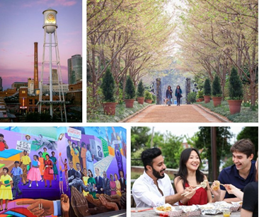 A selection of campus images: the water tower, student walkway, mural, and law students eating together.