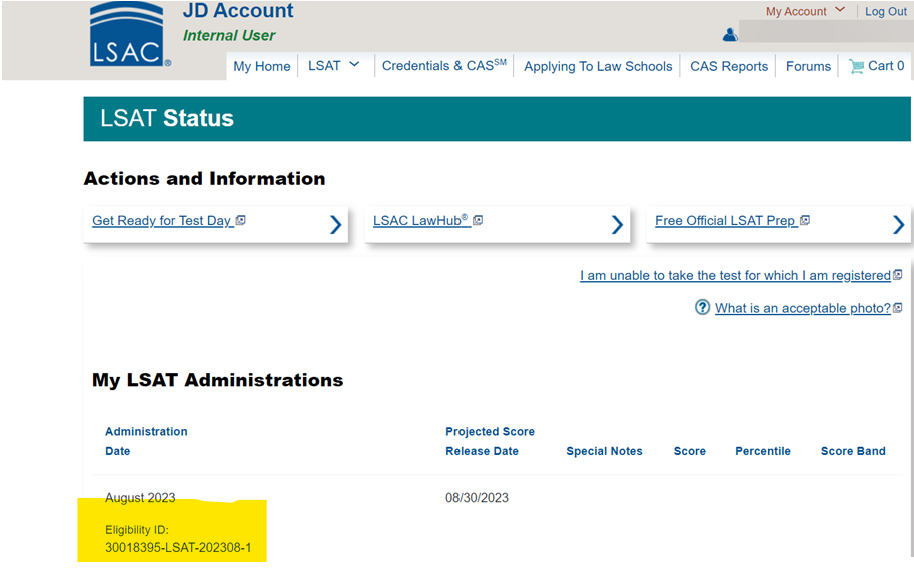 Image of a candidate services online account highlighting the location of the eligibility number.