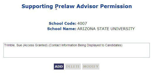 Supporting Prelaw Advisor Permission screen. When no prelaw advisors are selected, only the "Add" button is available.
